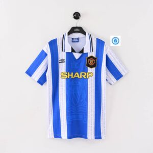 Manchester United 1994-1996 retro third football jersey with a blue and white design.