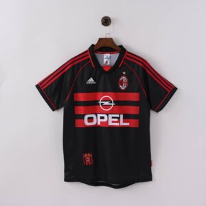 Adidas AC Milan 1998-99 third jersey, featuring a black design with red horizontal stripes and the Opel sponsor logo
